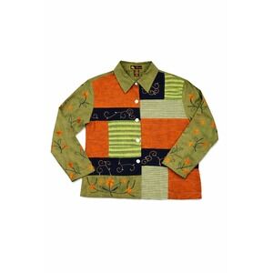 VTG‎ Mirasol Shirt Womens M Patchwork Embroidered Linen Blend 90s Button Top